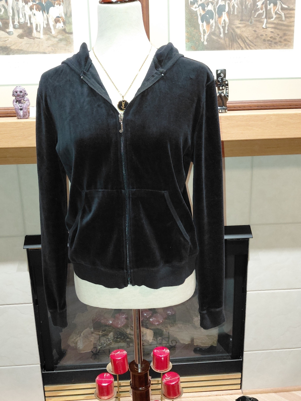 Y2K Juicy Couture Black Velour Tracksuit Set Matching Zip Hoodie & Pants Size L